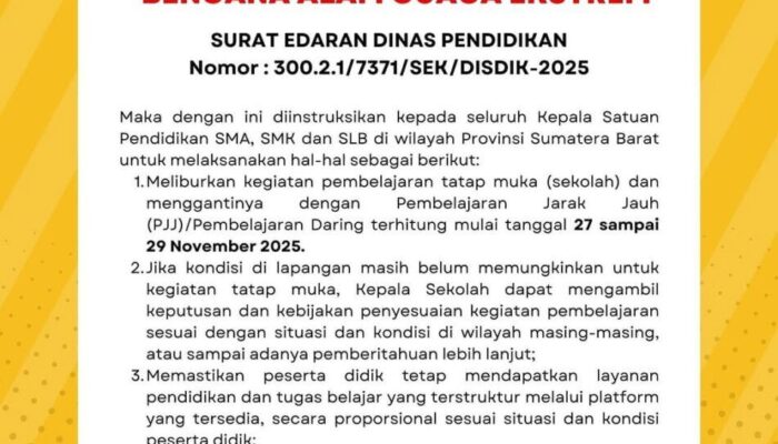 Disdik Sumbar Liburkan SMA/SMK/SLB Akibat Cuaca Ekstrem